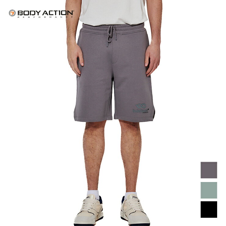 Sportswear - BODY ACTION 正規品 ボディアクション パンツ ボトム ハーフパンツ 綿 裏毛 ロゴ ショーツ 海外 直輸入 メンズ ユニセックス 男女兼用 エクササイズ フィットネス ジム スポーツ ダンス ヨガ ウェア ブラック グレー グリーン