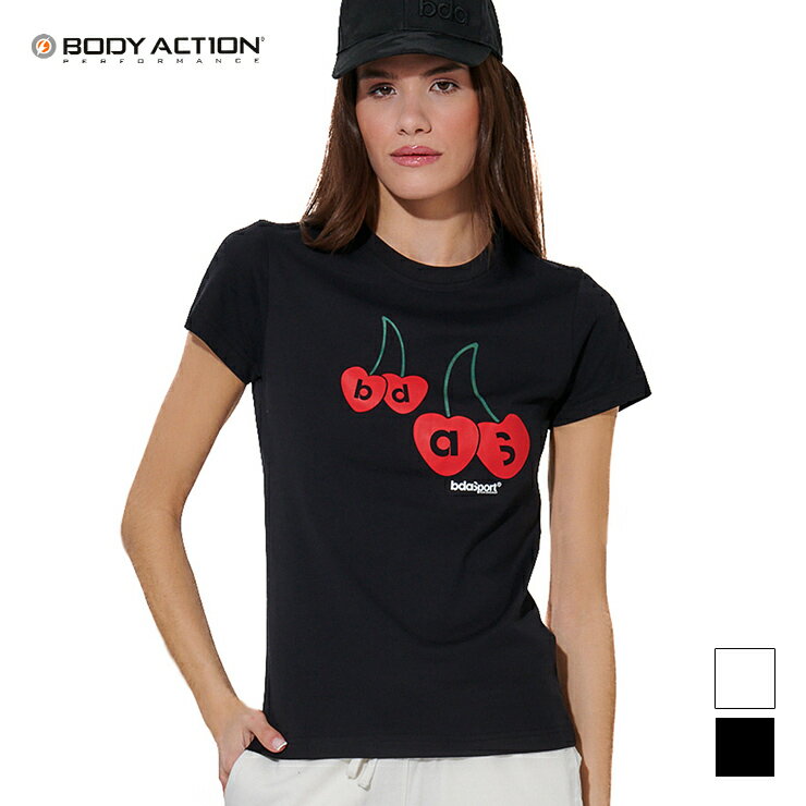 Tops - BODY ACTION 正規品 ボディアクション トップス Tシャツ 半袖 グラフィック スリムフィット ミニT 綿 海外 直輸入 レディース エクササイズ フィットネス ジム スポーツ ダンス ヨガ ウェア ブラック ホワイト
