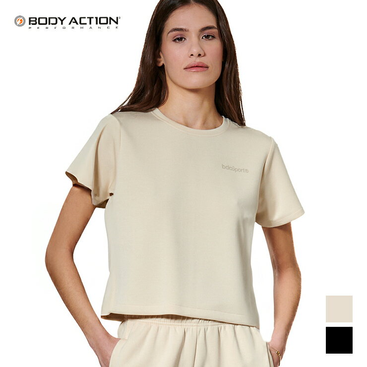 樂天商城 - BODY ACTION 正規品 ボディアクション トップス Tシャツ 半袖 クロップ丈 ストレッチ シンプル 海外 直輸入 レディース エクササイズ フィットネス ジム スポーツ ダンス ヨガ ウェア ブラック ベージュ