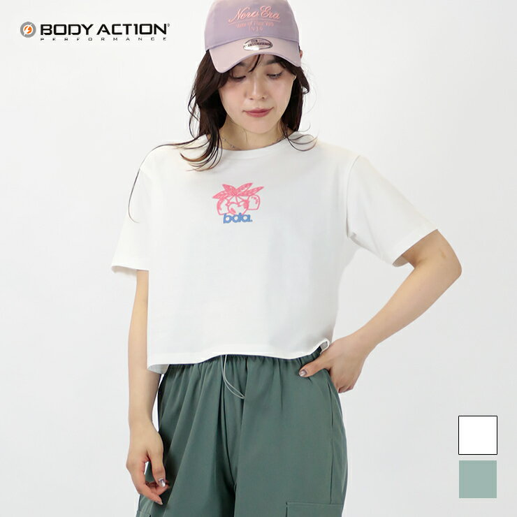 Tops - BODY ACTION 正規品 ボディアクション トップス Tシャツ 半袖 グラフィック ミニT キダルト キッズ 綿 海外 直輸入 レディース エクササイズ フィットネス ジム スポーツ ダンス ヨガ ウェア ホワイト グリーン