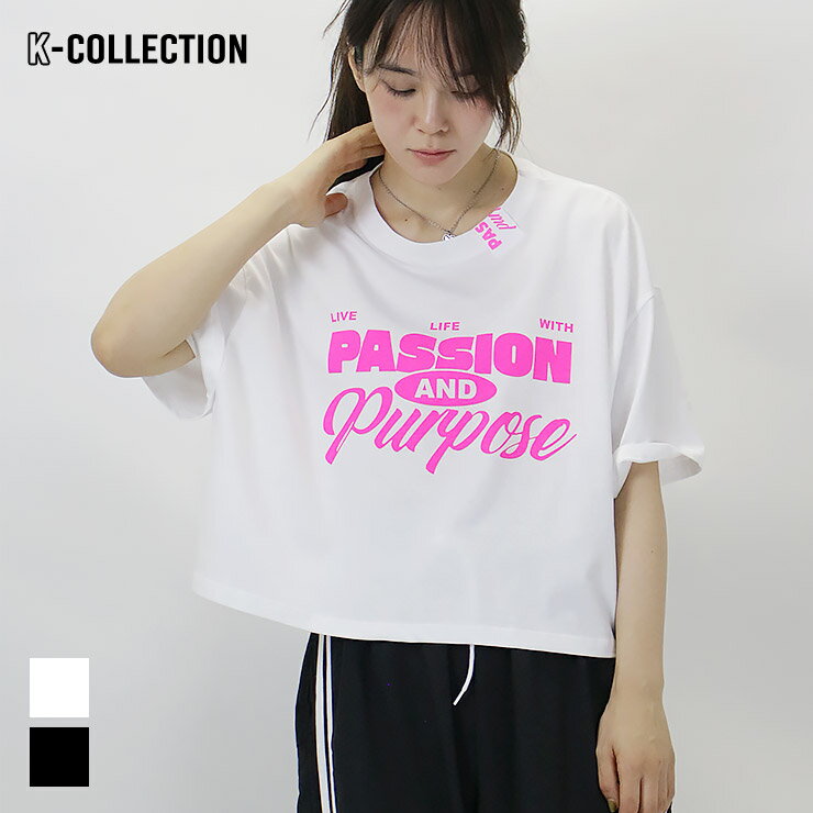 K-collection Tシャツ レディース 半袖 ロゴ ボックス ゆったり 韓国ファッション エクササイズ フィットネス ジム スポーツ ダンス ヨガ ウェア ブラック ホワイト
