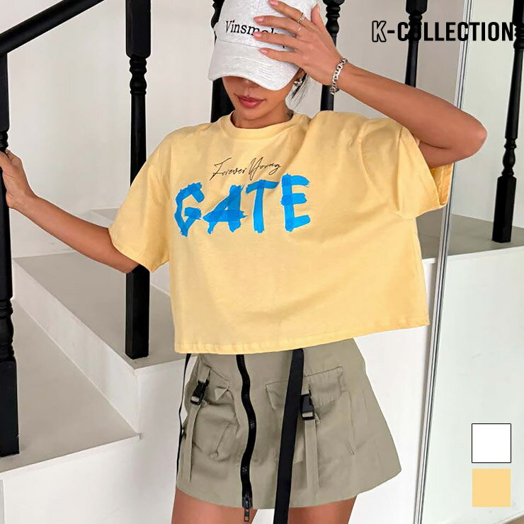 Ladies Wear - K-collection Tシャツ 半袖 クロップ丈 ロゴ グラフィック 韓国 レディース エクササイズ フィットネス ジム スポーツ ダンス ヨガ ウェア ホワイト イエロー