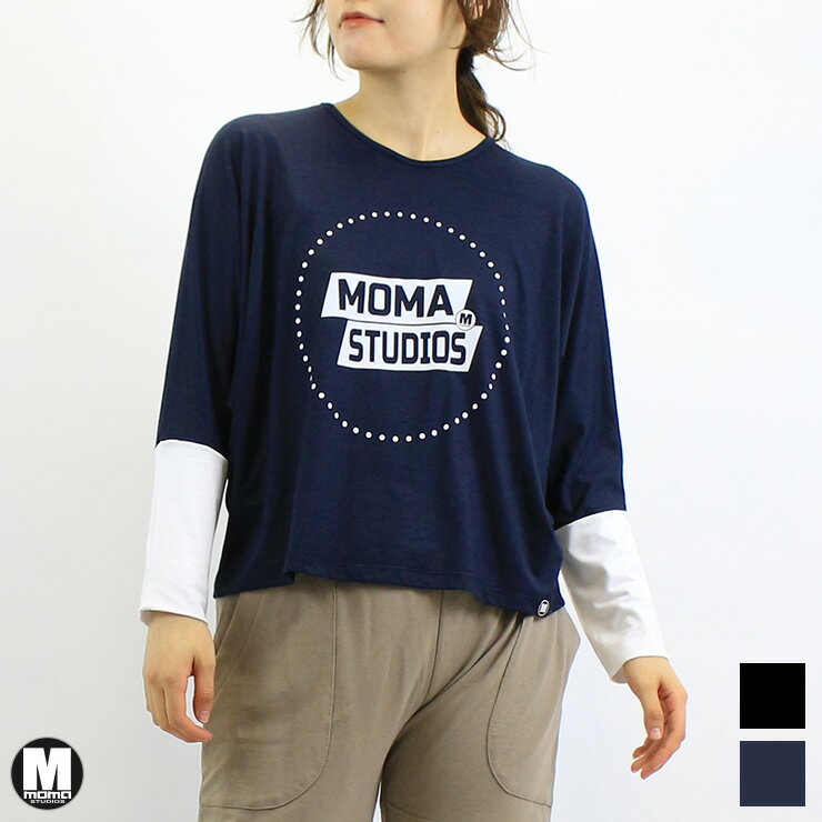 アウトレット MOMA STUDIOS モマ スタジオ ロゴ バイカラー スリーブ ドルマン ロングスリーブ BLACK WHITE NAVY ワンサイズ