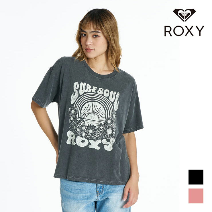 樂天商城 - ROXY 正規品 ロキシー Tシャツ 半袖 ゆったり ルーズ スノーウォッシュ加工 ヴィンテージライク フラワー コットン 綿 レディース エクササイズ フィットネス ジム スポーツ ダンス ヨガ ウェア ブラック ピンク RST262035