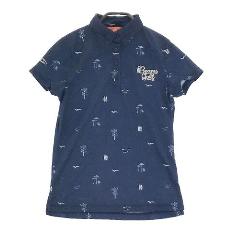 BEAMS GOLF ビームスゴルフ 半袖 ポロシャツ ボタンダウン 総柄 ネイビー系 M 【中古】ゴルフウェア レディース