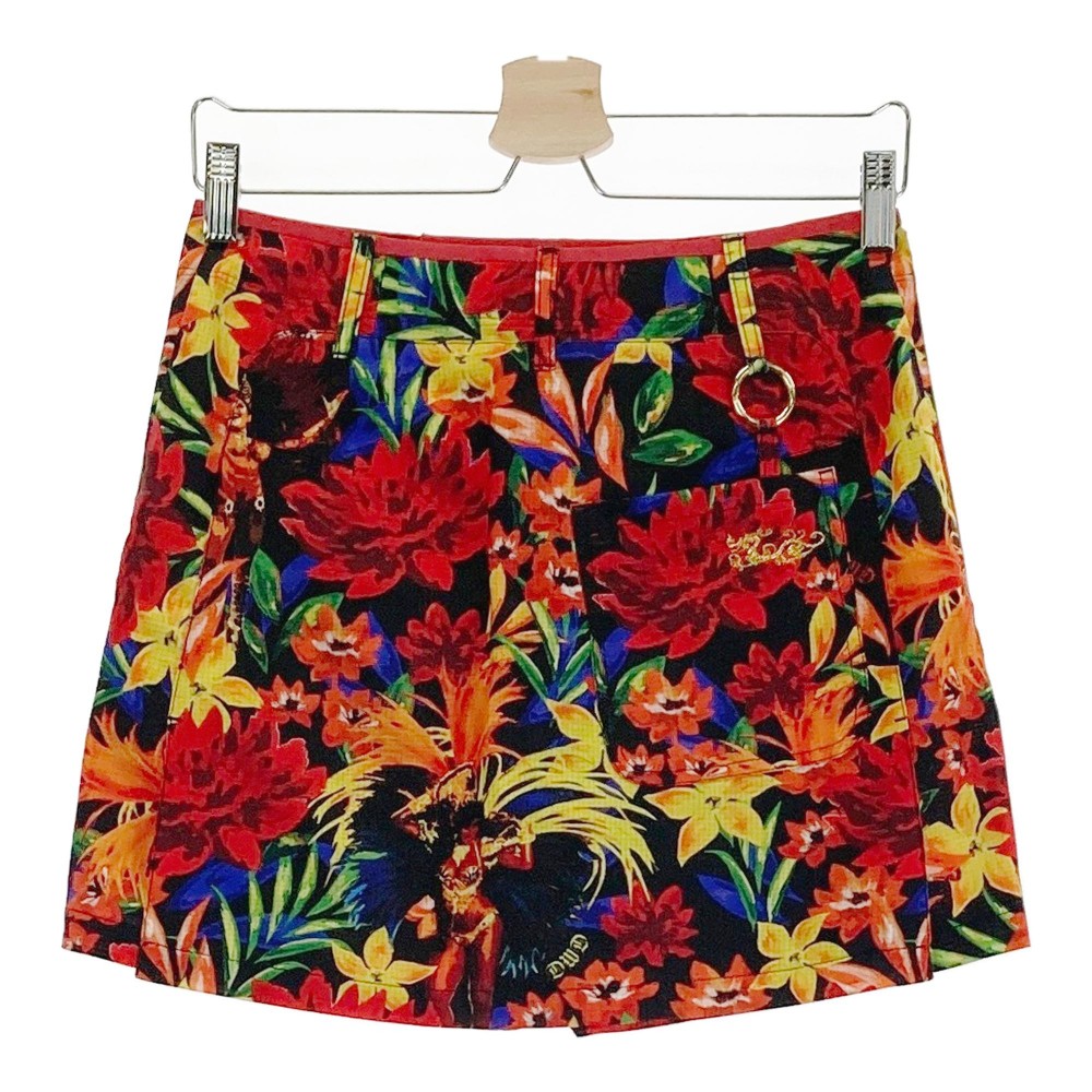 DANCE WITH DRAGON ダンスウィズドラゴン インナー付き スカート ドラゴン刺繍 花 総柄 レッド系 2 【中古】ゴルフウェア レディース