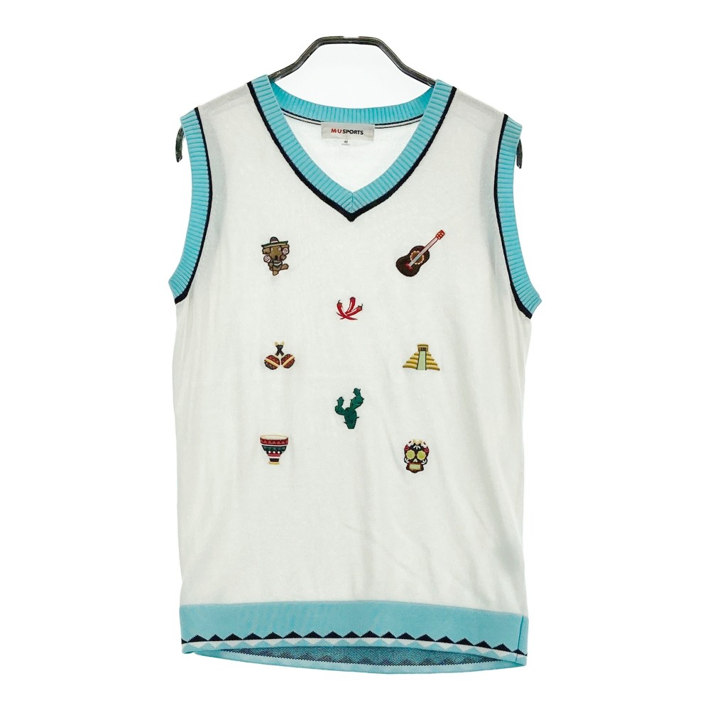 M.U SPORTS エムユースポーツ ニット ベスト 刺繍 総柄 ホワイト系 40 【中古】ゴルフウェア レディース