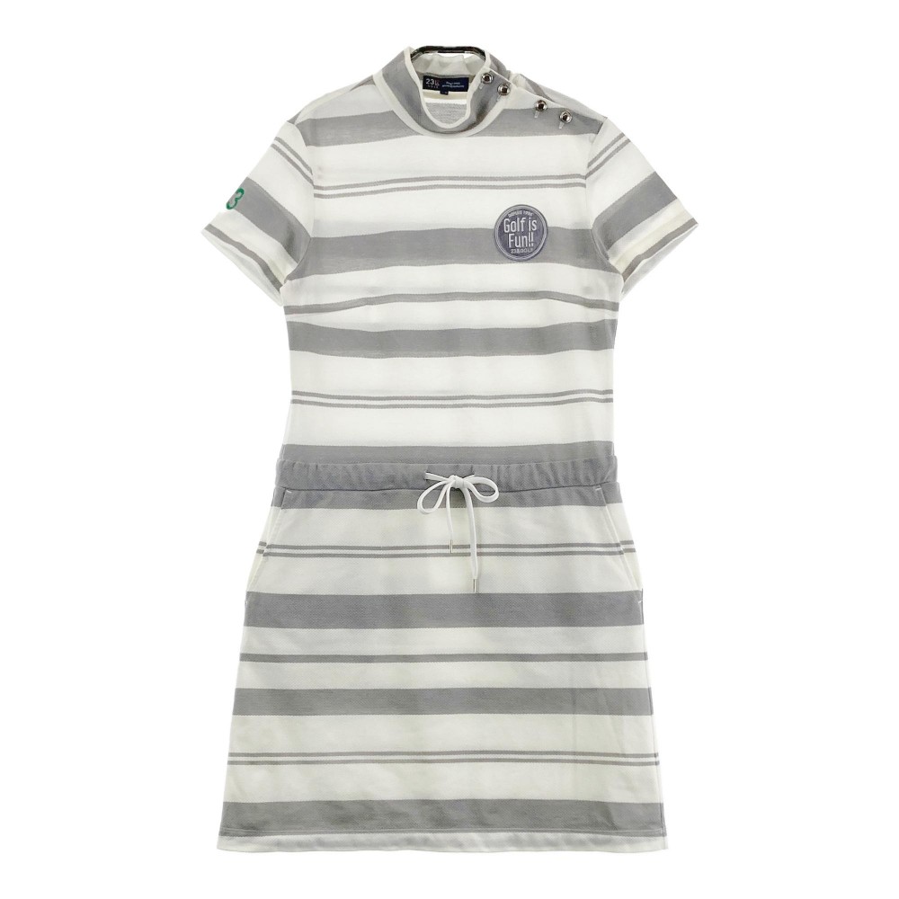 23区GOLF ニジュウサンクゴルフ 裏地付ハイネック 半袖ワンピース ボーダー柄 ホワイト系 S-M 【中古】ゴルフウェア レディース
