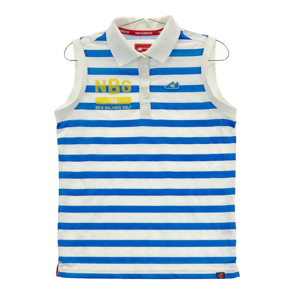 NEW BALANCE ニューバランス ノースリーブ ポロシャツ ワッペン ボーダー柄 ホワイト系 2 【中古】ゴルフウェア レディース