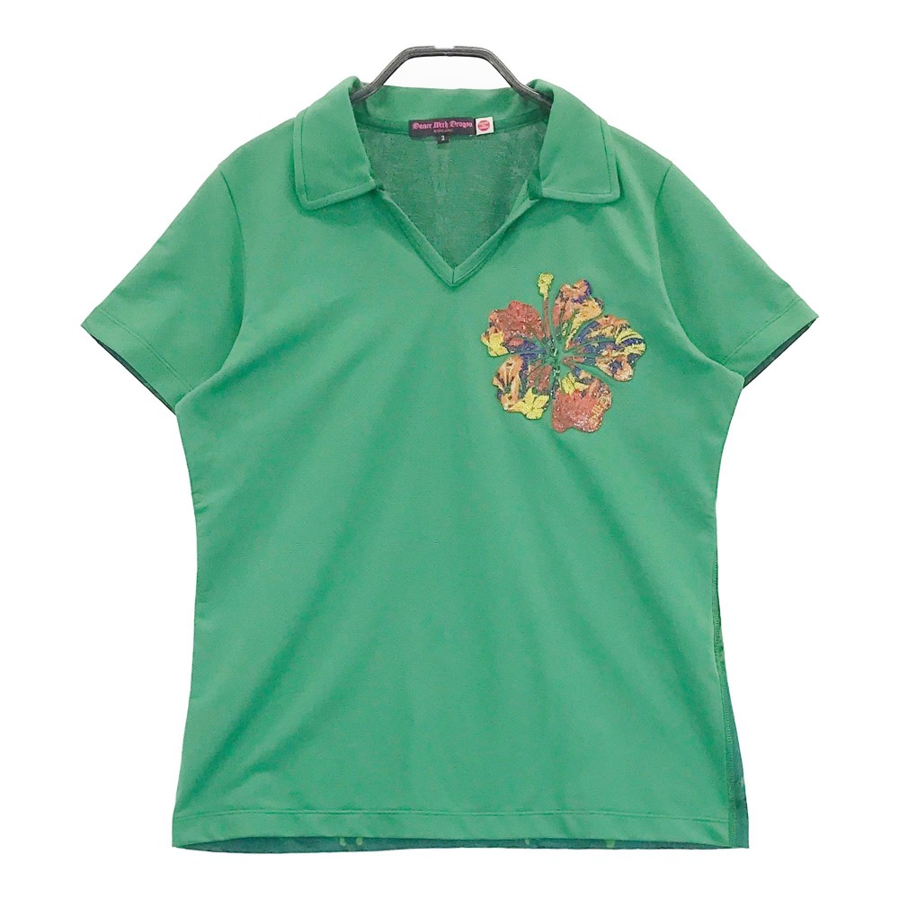 DANCE WITH DRAGON ダンスウィズドラゴン 半袖ポロシャツ スキッパー サンバ柄 グリーン系 3 【中古】ゴルフウェア レディース