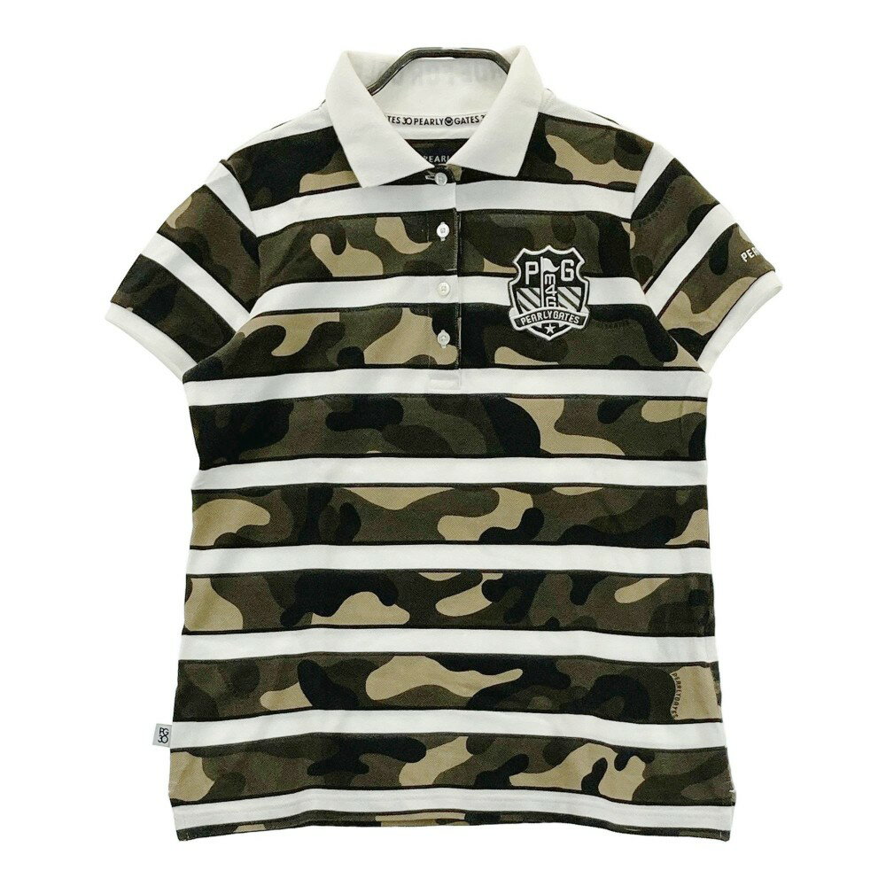 PEARLY GATES パーリーゲイツ 30周年 半袖ポロシャツ カモフラ柄 ボーダー柄 カーキ系 0 【中古】ゴルフウェア レディース