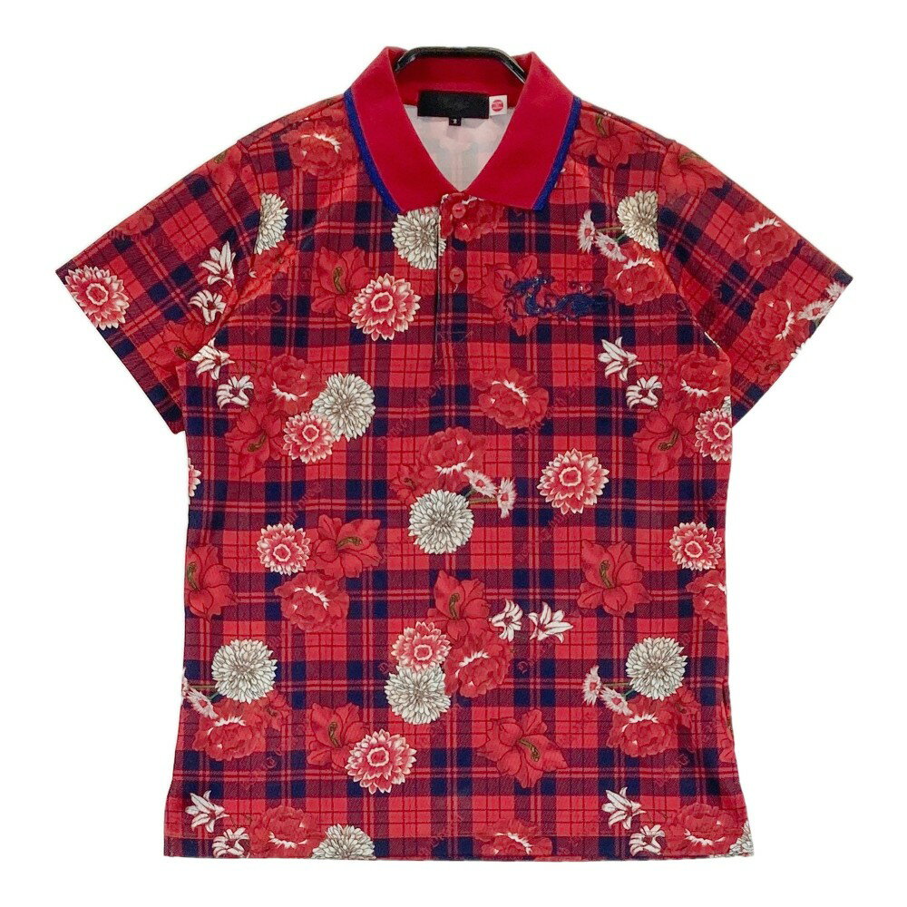 DANCE WITH DRAGON ダンスウィズドラゴン 半袖ポロシャツ 花×チェック柄 レッド系 2 【中古】ゴルフウ..