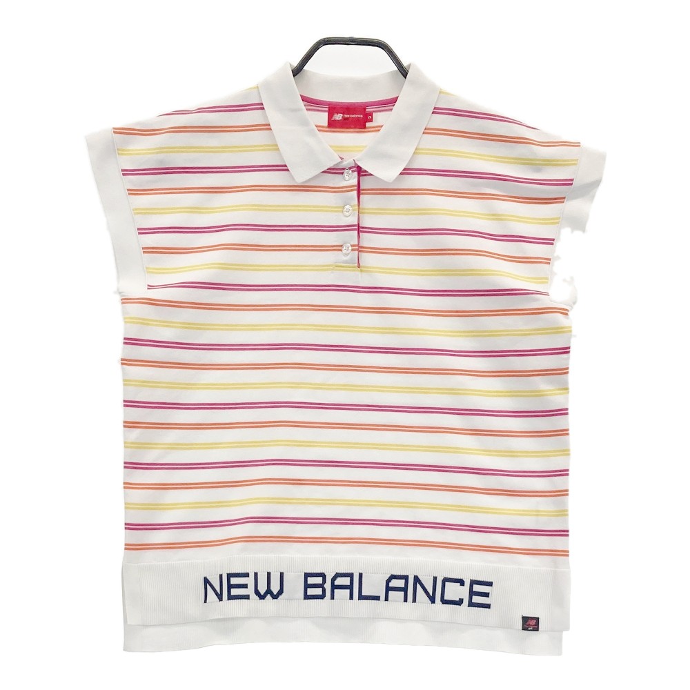 NEW BALANCE ニューバランス フレンチスリーブ ニットポロシャツ ボーダー柄 ホワイト系 2 【中古】ゴルフウェア レディース