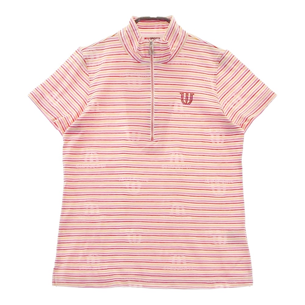 M.U SPORTS エムユースポーツ ハーフジップ　半袖 Tシャツ ボーダー柄 ピンク系 40 【中古】ゴルフウェア レディース