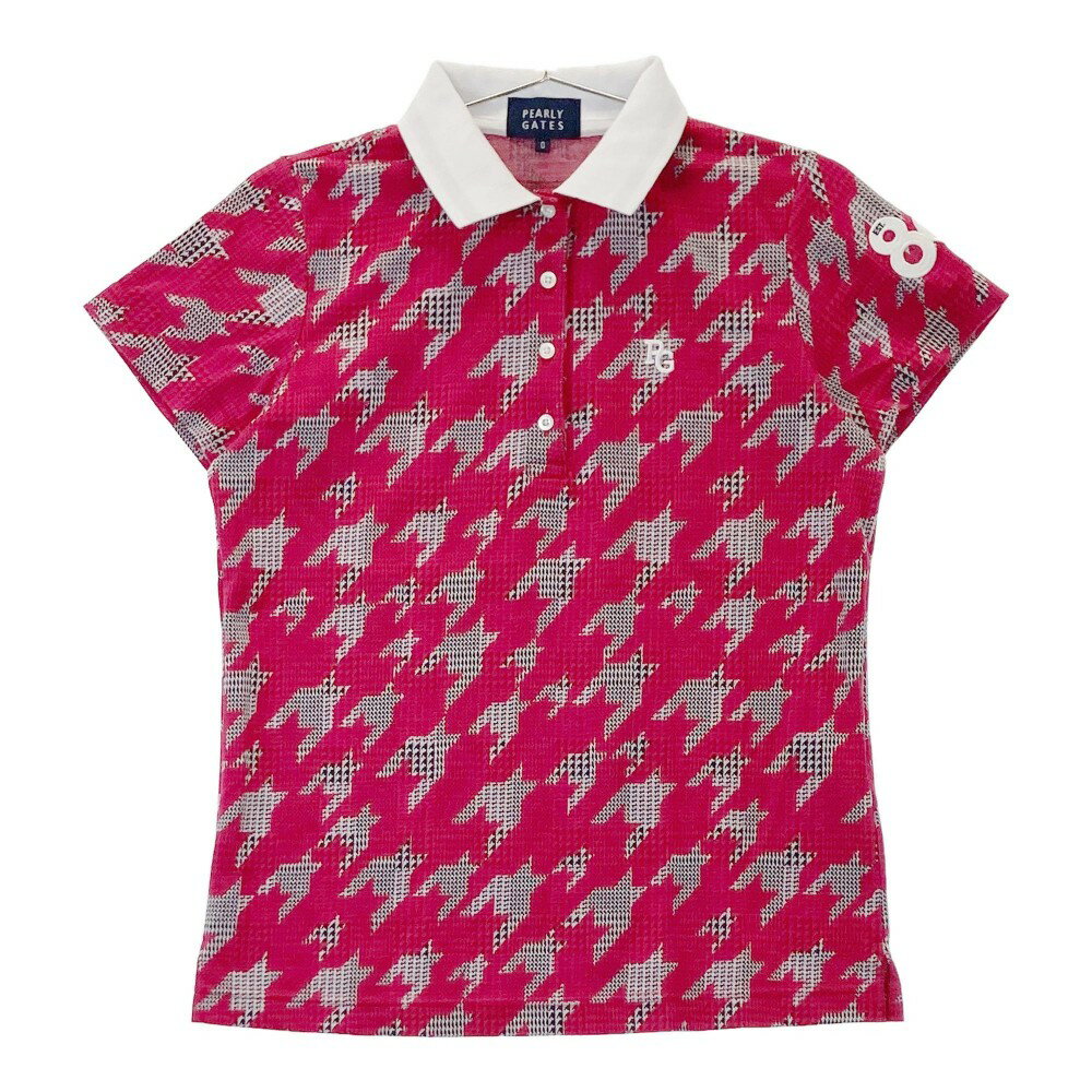 PEARLY GATES パーリーゲイツ 半袖ポロシャツ ロゴ刺繍 千鳥 総柄 レッド系 0 【中古】ゴルフウェア レディース