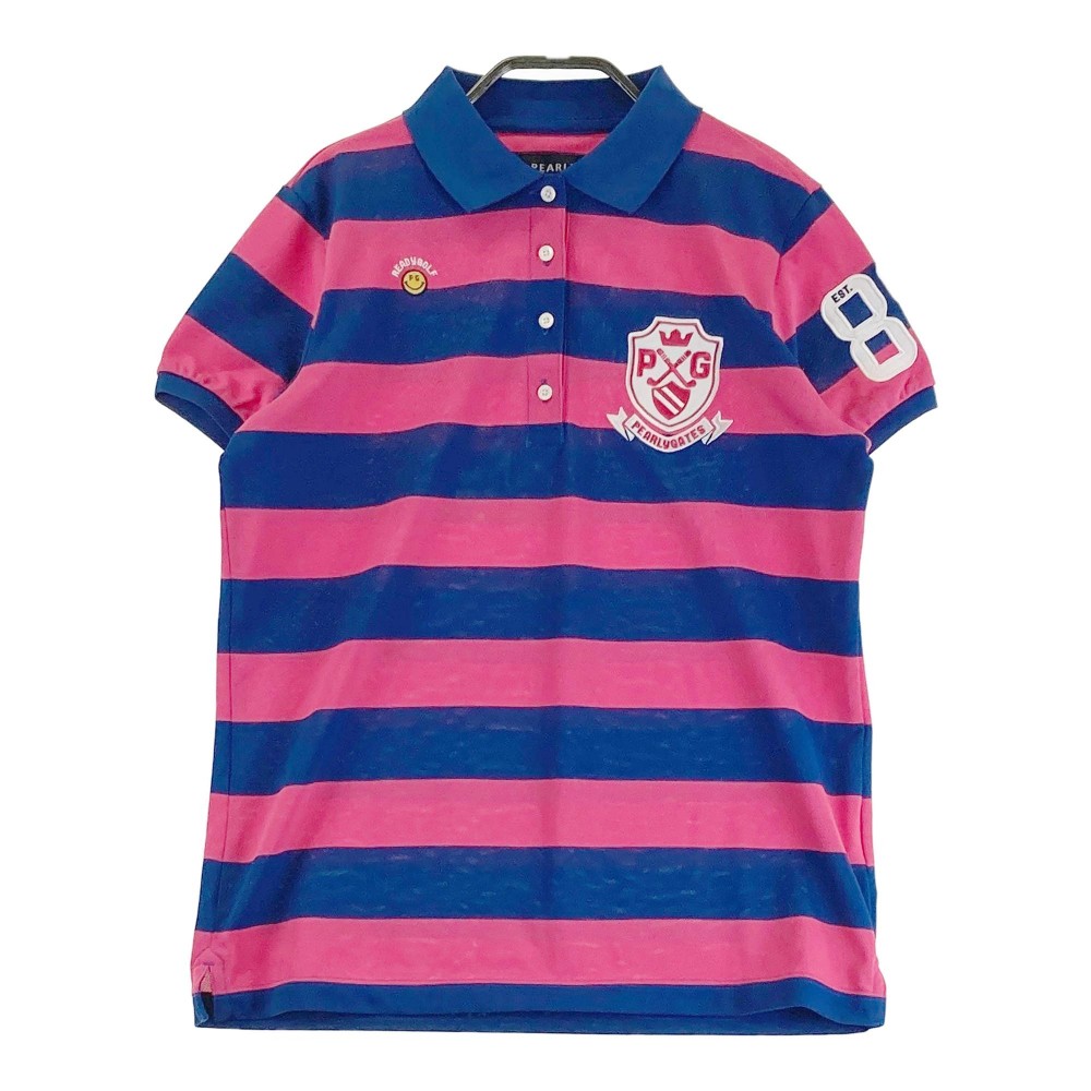 PEARLY GATES パーリーゲイツ 半袖ポロシャツ ニコちゃん ボーダー柄 ブルー系 2 【中古】ゴルフウェア レディース