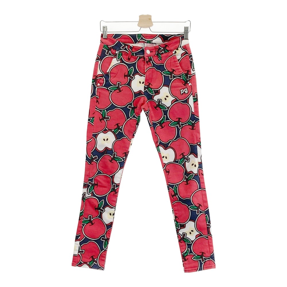 PEARLY GATES パーリーゲイツ ストレッチパンツ リンゴ総柄 ネイビー系 00 【中古】ゴルフウェア レディース