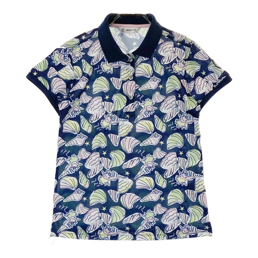 AND PER SE アンパスィ 半袖ポロシャツ 貝殻×ロゴ柄 ネイビー系 M 【中古】ゴルフウェア レディース