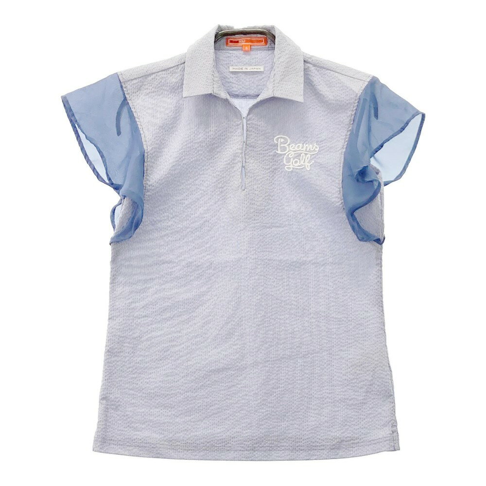 BEAMS GOLF ビームスゴルフ 2022年モデル シアサッカー 半袖ポロシャツ 袖フリル ストライプ柄 ブルー系 S 【中古】ゴルフウェア レディース