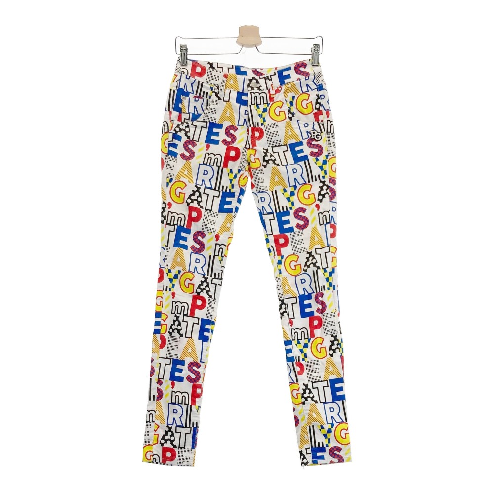 PEARLY GATES パーリーゲイツ ストレッチパンツ カラフルロゴ 総柄 ホワイト系 0 【中古】ゴルフウェア レディース