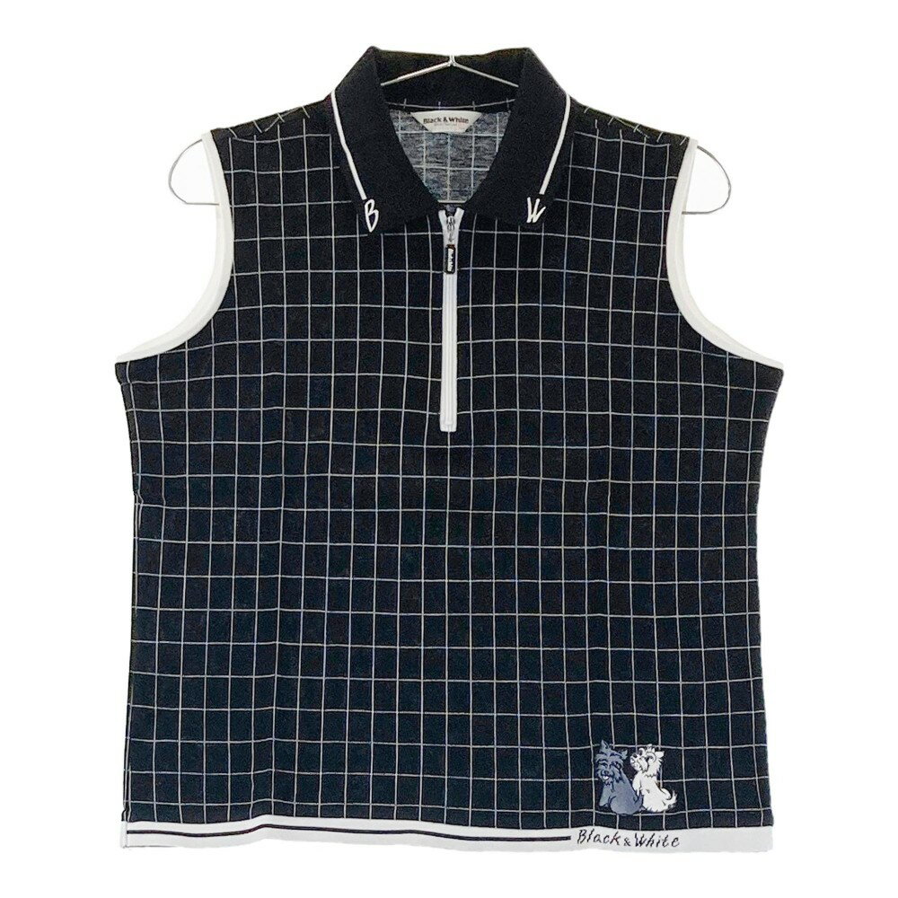 BLACK&WHITE ブラックアンドホワイト ハーフジップ ノースリーブポロシャツ 格子柄 ブラック系 L 【中古】ゴルフウェア レディース