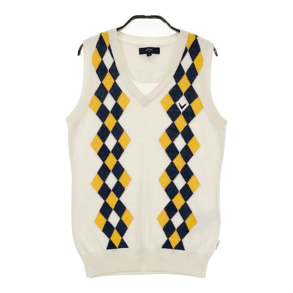 CALLAWAY キャロウェイ Vネックニットベスト ウール混 ダイヤ柄 ホワイト系 M 【中古】ゴルフウェア レディース