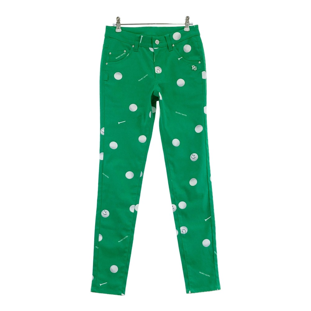 PEARLY GATES パーリーゲイツ 2024年モデル ストレッチパンツ ニコちゃん ゴルフボール柄 グリーン系 0 【中古】ゴルフウェア レディース