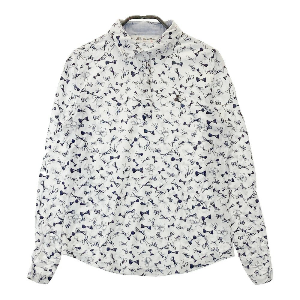 BLACK&WHITE ブラックアンドホワイト 長袖ポロシャツ リボン 総柄 ホワイト系 M 【中古】ゴルフウェア ..