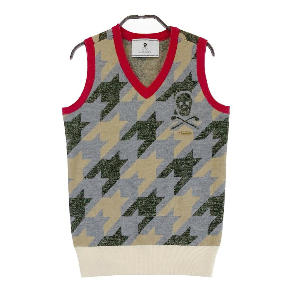 MARK&LONA マークアンドロナ ウール混 Vネック ニットベスト ラメ スカル 千鳥柄 グレー系 S 【中古】ゴルフウェア レディース