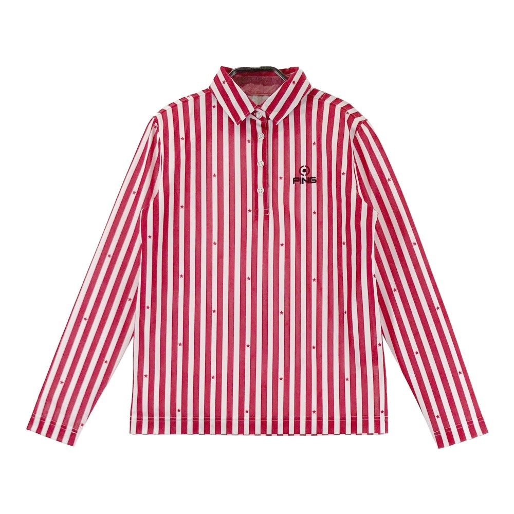 PING ピン 長袖ポロシャツ ストライプ柄 レッド系 S 【中古】ゴルフウェア レディース