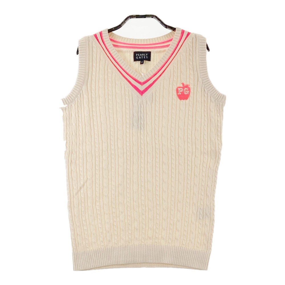 PEARLY GATES パーリーゲイツ Vネック ニットベスト ケーブル編み ベージュ系 2 【中古】ゴルフウェア レディース