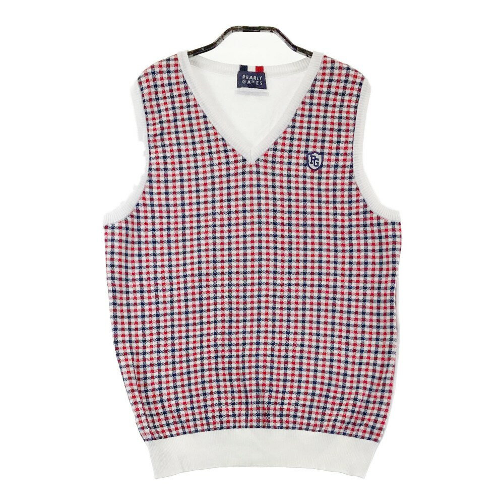 PEARLY GATES パーリーゲイツ Vネック ニットベスト チェック柄 ホワイト系 2 【中古】ゴルフウェア レディース