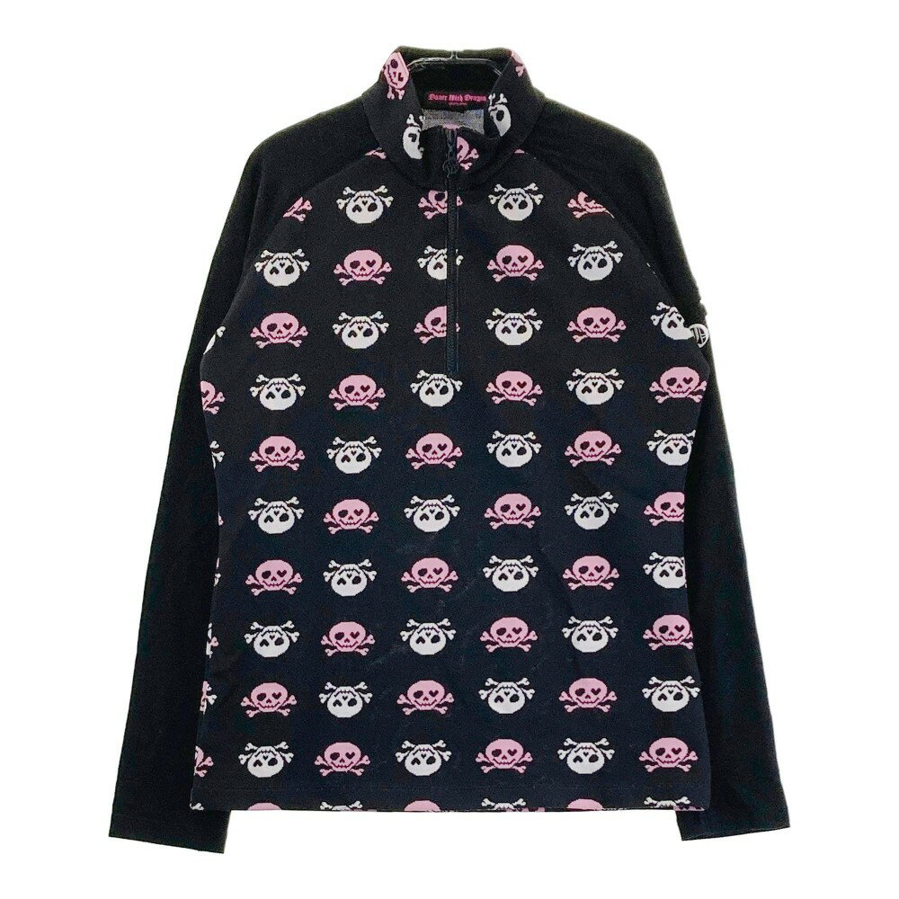 DANCE WITH DRAGON ダンスウィズドラゴン ハーフジップ 長袖Tシャツ スカル柄 ブラック系 2 【中古】ゴルフウェア レディース
