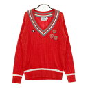 LE COQ GOLF ルコックゴルフ Vネック ニット セーター ワッペン レッド系 M 【中古】ゴルフウェア レディース