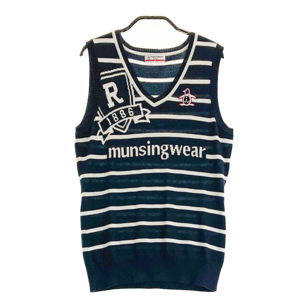 MUNSING WEAR マンシングウェア Vネック ニットベスト ボーダー柄 ネイビー系 M 【中古】ゴルフウェア レディース
