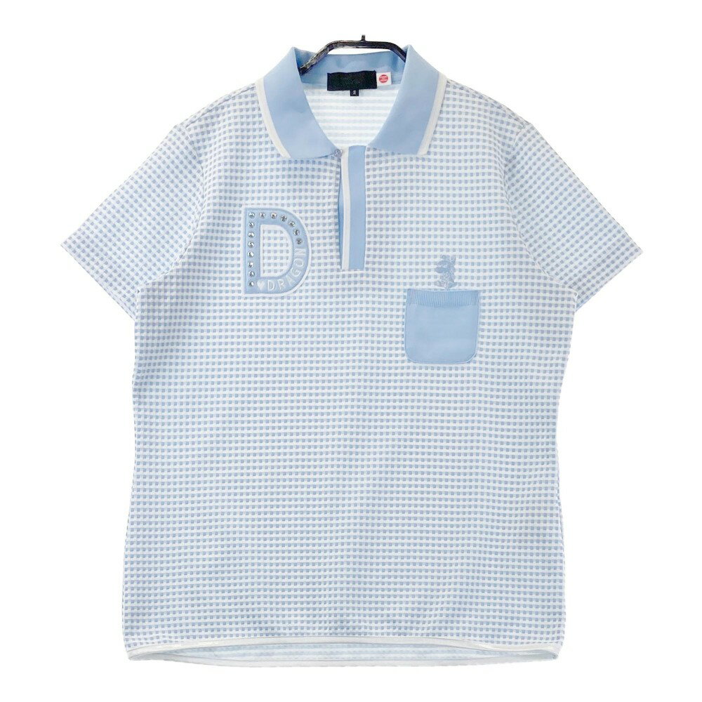 DANCE WITH DRAGON ダンスウィズドラゴン 半袖ポロシャツ チビドラ チェック柄 ブルー系 3 【中古】ゴルフウェア レディース