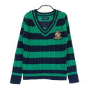 KISS ON THE GREEN キスオンザグリーン ウール混 Vネック 長袖ニットセーター ボーダー柄 グリーン系 F 【中古】ゴルフウェア レディース