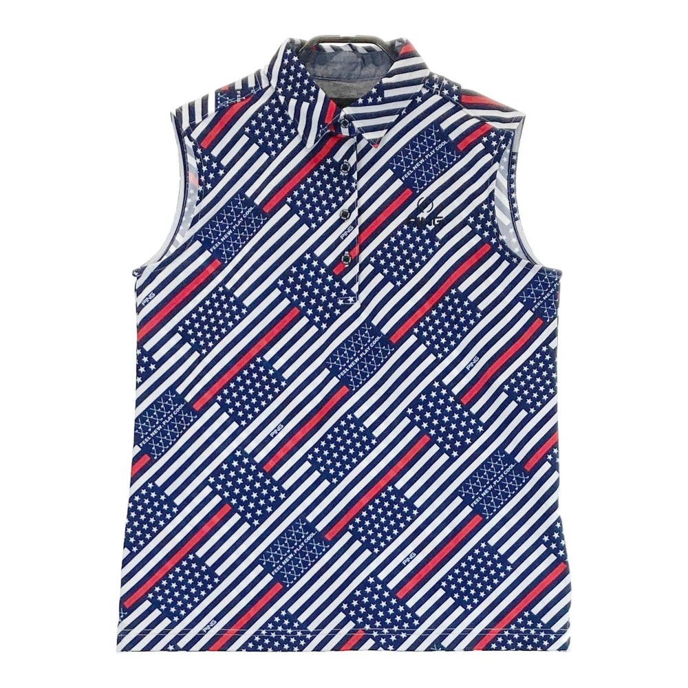 PING ピン 2022年モデル ノースリーブ ポロシャツ 総柄 ネイビー系 L 【中古】ゴルフウェア レディース