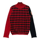 DANCE WITH DRAGON ダンスウィズドラゴン ハイネック ニットセーター ワッペン ダイヤ柄 レッド系 3 【中古】ゴルフウェア レディース