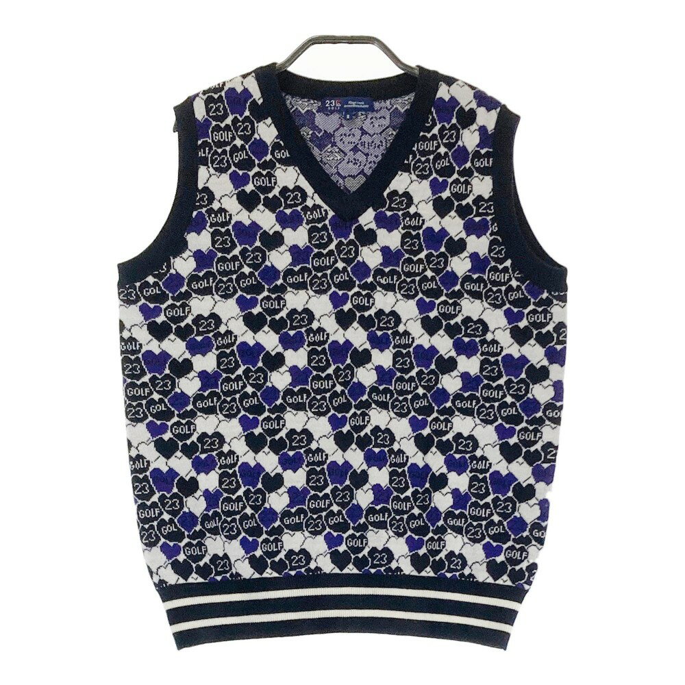 23区GOLF ニジュウサンクゴルフ ウール混 ニットベスト 総柄 ネイビー系 2 【中古】ゴルフウェア レディース