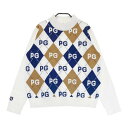 PEARLY GATES パーリーゲイツ モックネック ニットセーター ロゴ アーガイル柄 ホワイト系 2 【中古】ゴルフウェア レディース