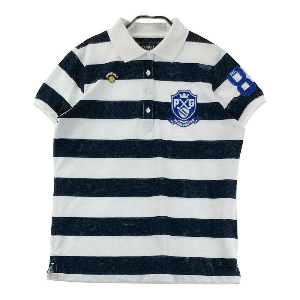 PEARLY GATES パーリーゲイツ 半袖ポロシャツ ニコちゃん ボーダー柄 ネイビー系 2 【中古】ゴルフウェ..