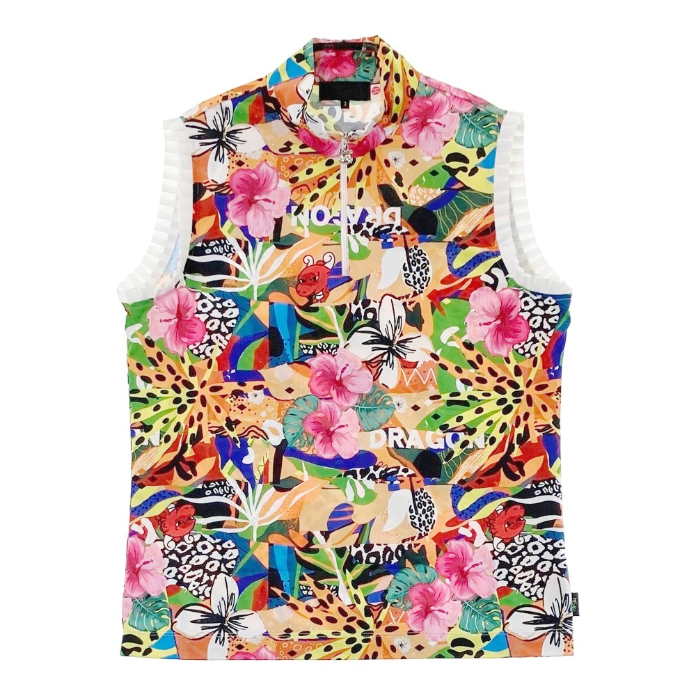 DANCE WITH DRAGON ダンスウィズドラゴン ハーフジップ ノースリーブシャツ チビドラ ハイビスカス総柄 オレンジ系 3 【中古】ゴルフウェア レディース