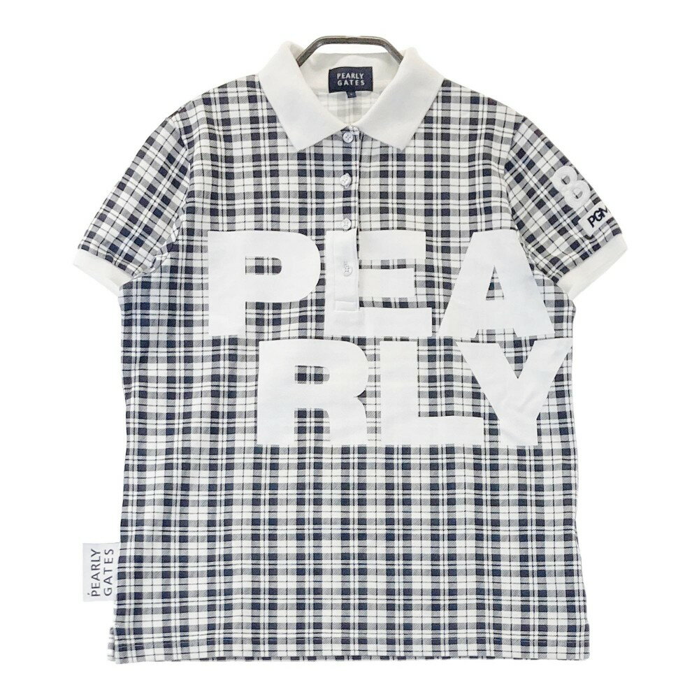 PEARLY GATES パーリーゲイツ 半袖ポロシャツ ロゴプリント チェック柄 ネイビー系 1 【中古】ゴルフウェア レディース