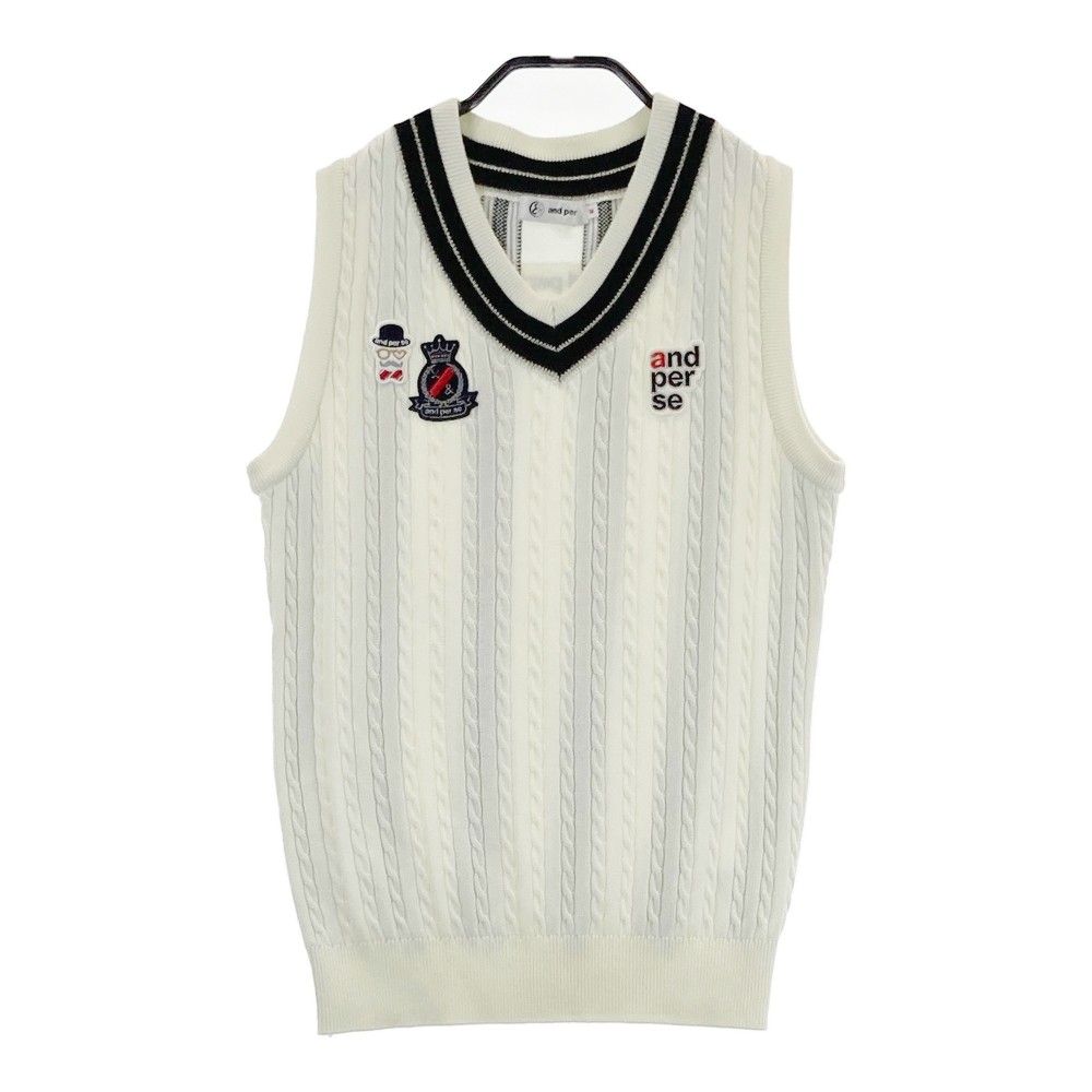 AND PER SE アンパスィ Vネック ニットベスト ストライプ柄 ホワイト系 M 【中古】ゴルフウェア レディース