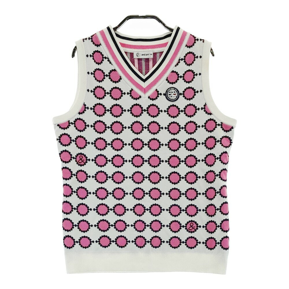 AND PER SE アンパスィ Vネック ニットベスト ワッペン ストライプ 総柄 ホワイト系 L 【中古】ゴルフウェア レディース