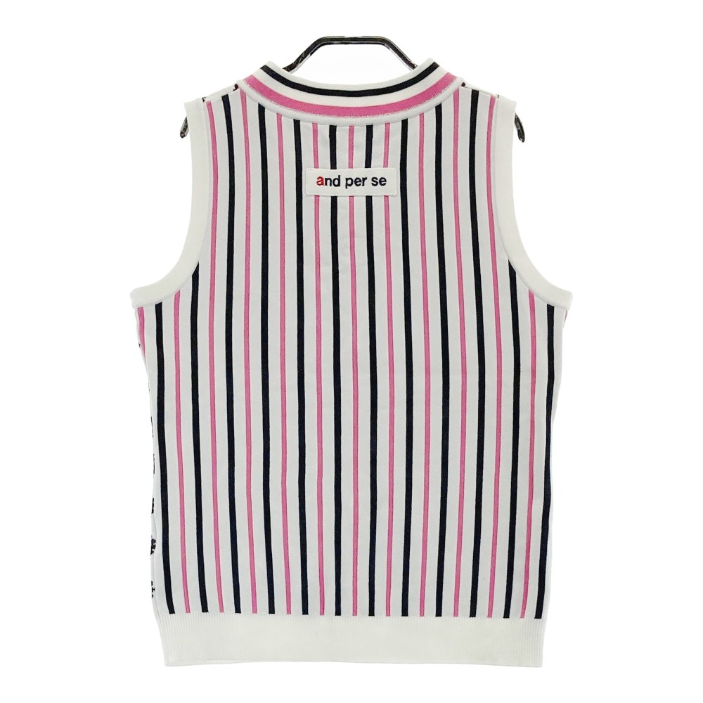 AND PER SE アンパスィ Vネック ニットベスト ワッペン ストライプ 総柄 ホワイト系 L 【中古】ゴルフウェア レディース