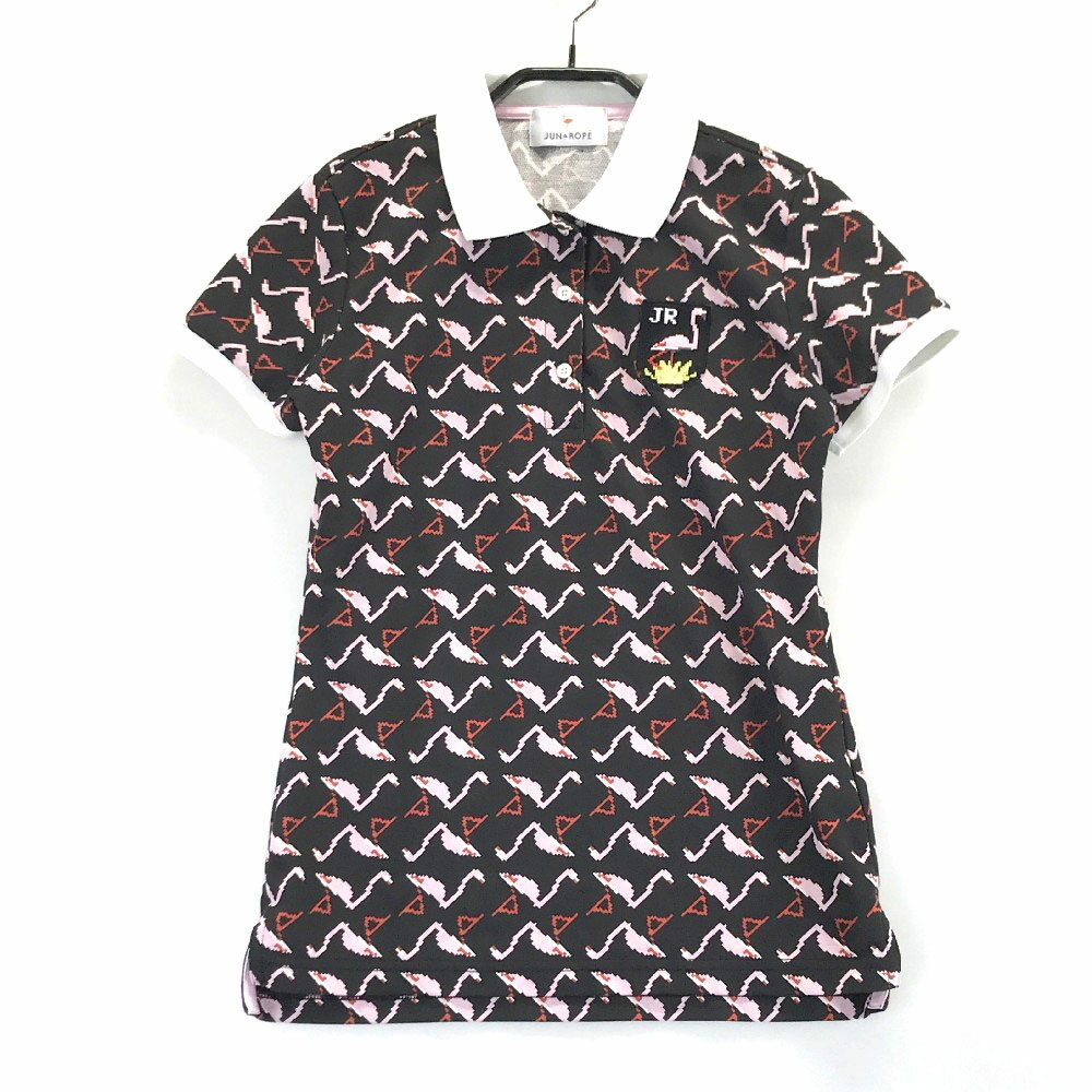 JUN&ROPE ジュン アンド ロペ ; 半袖ポロシャツ ワッペン フラミンゴ 総柄 ブラック系 S 【中古】ゴル..