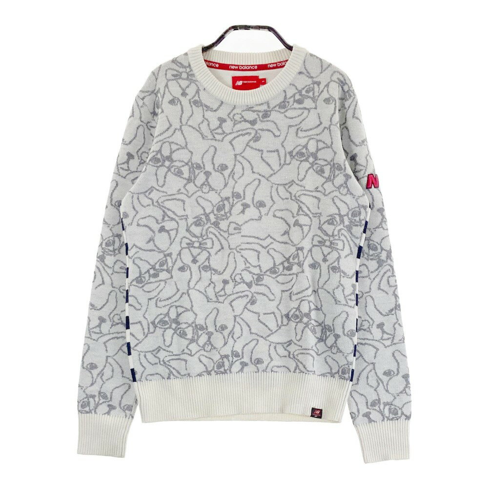 NEW BALANCE GOLF ニューバランス ニットセーター ウール混 ボストンテリア ボーダー 総柄 ホワイト系 1 【中古】ゴルフウェア レディース