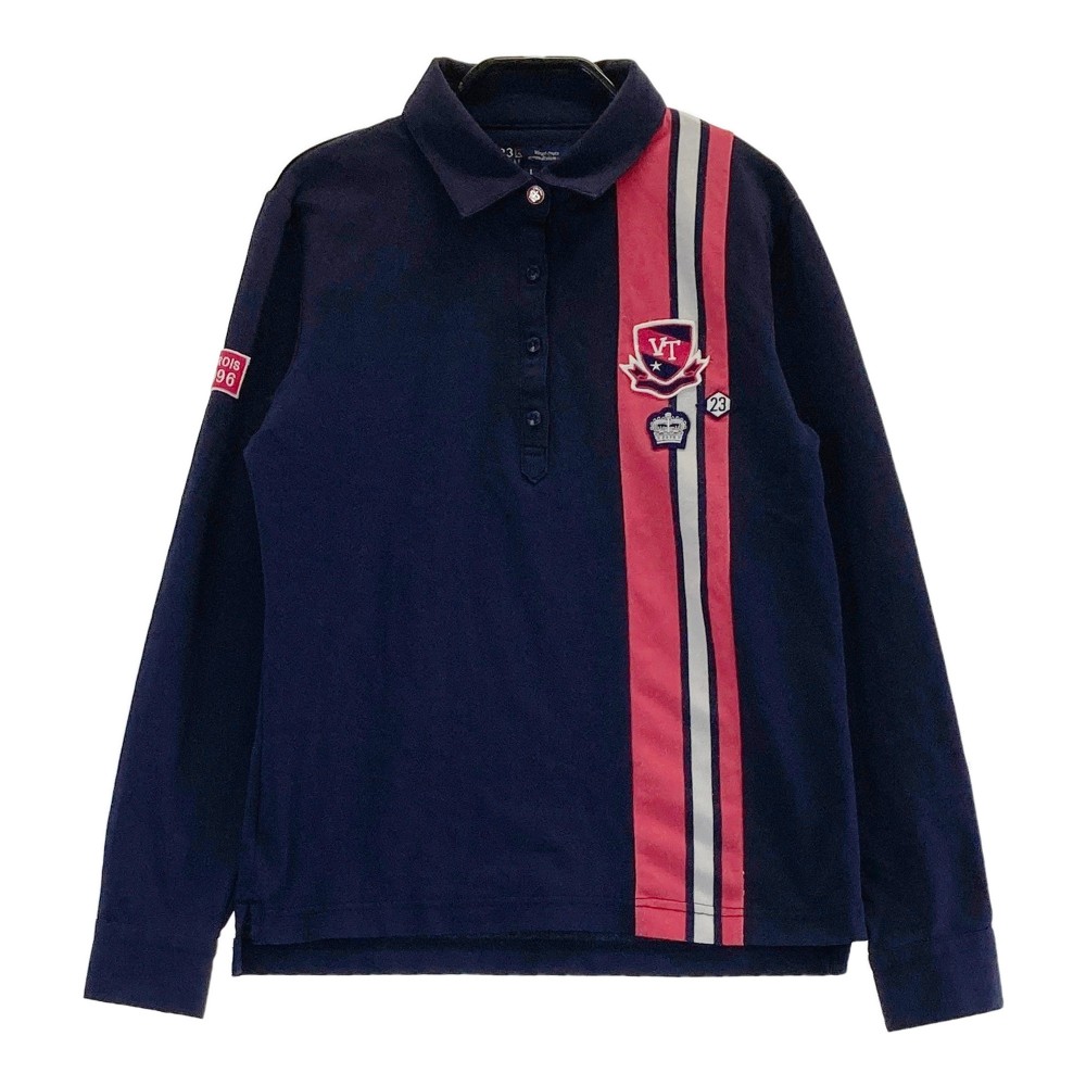 23区GOLF ニジュウサンクゴルフ 異素材切替 長袖ポロシャツ ネイビー系 1 【中古】ゴルフウェア レディ..